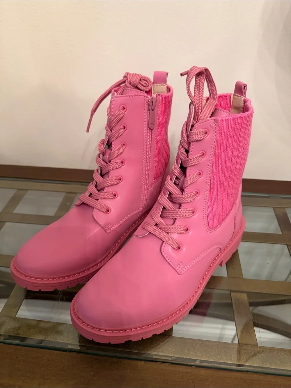 Sam Edelman Hot Pink Lace-Up Knit Combat Boots